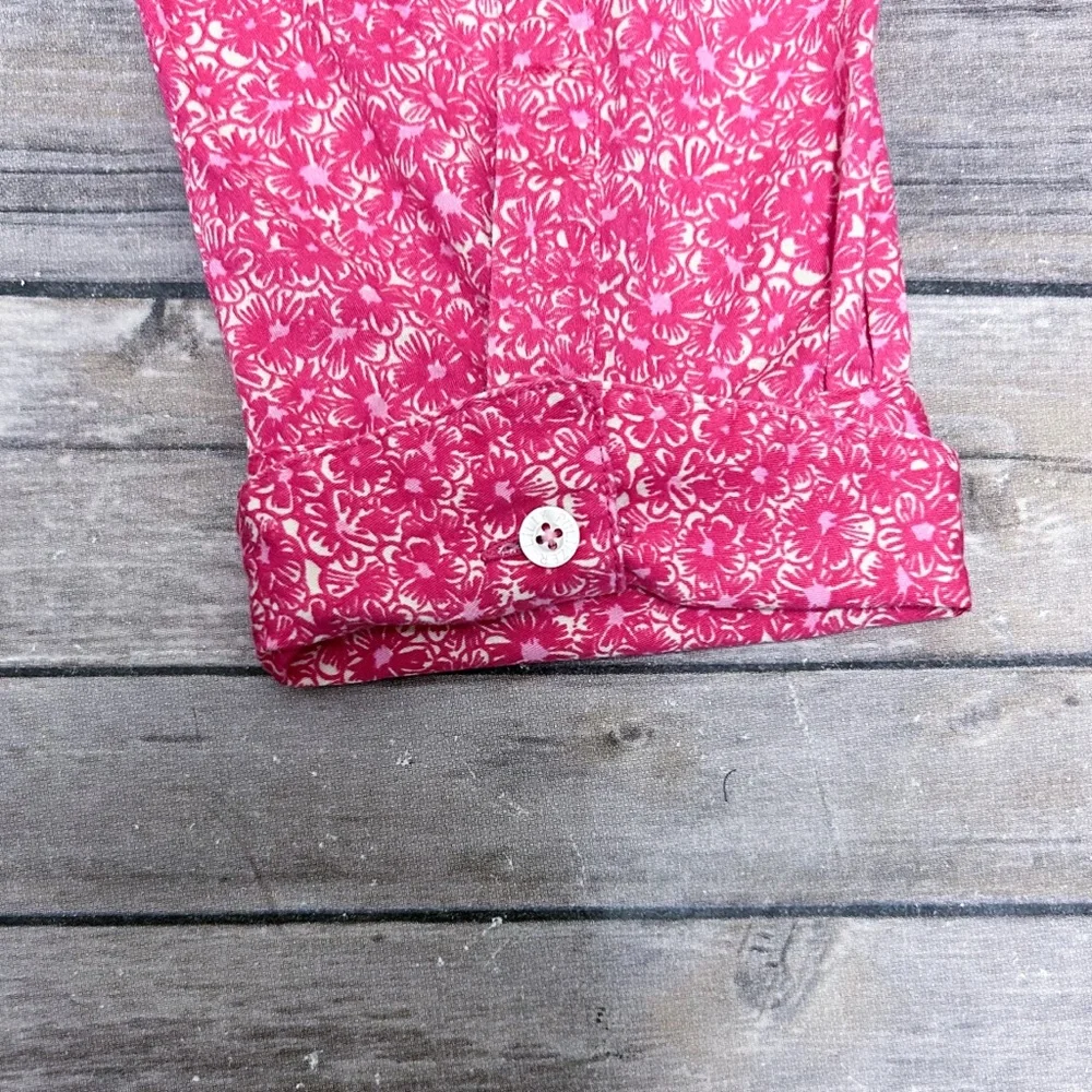 Lilly Pulitzer Pink Ivory Floral High V Neck Collar Button Up 3/4 Sleeve Blouse